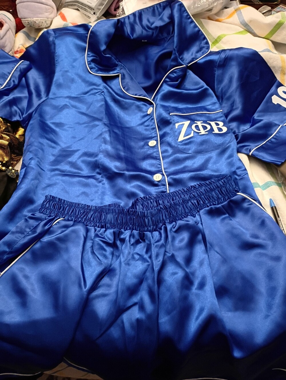 Blue Satin Pajama Set Shorts with ZΦB Embroidery